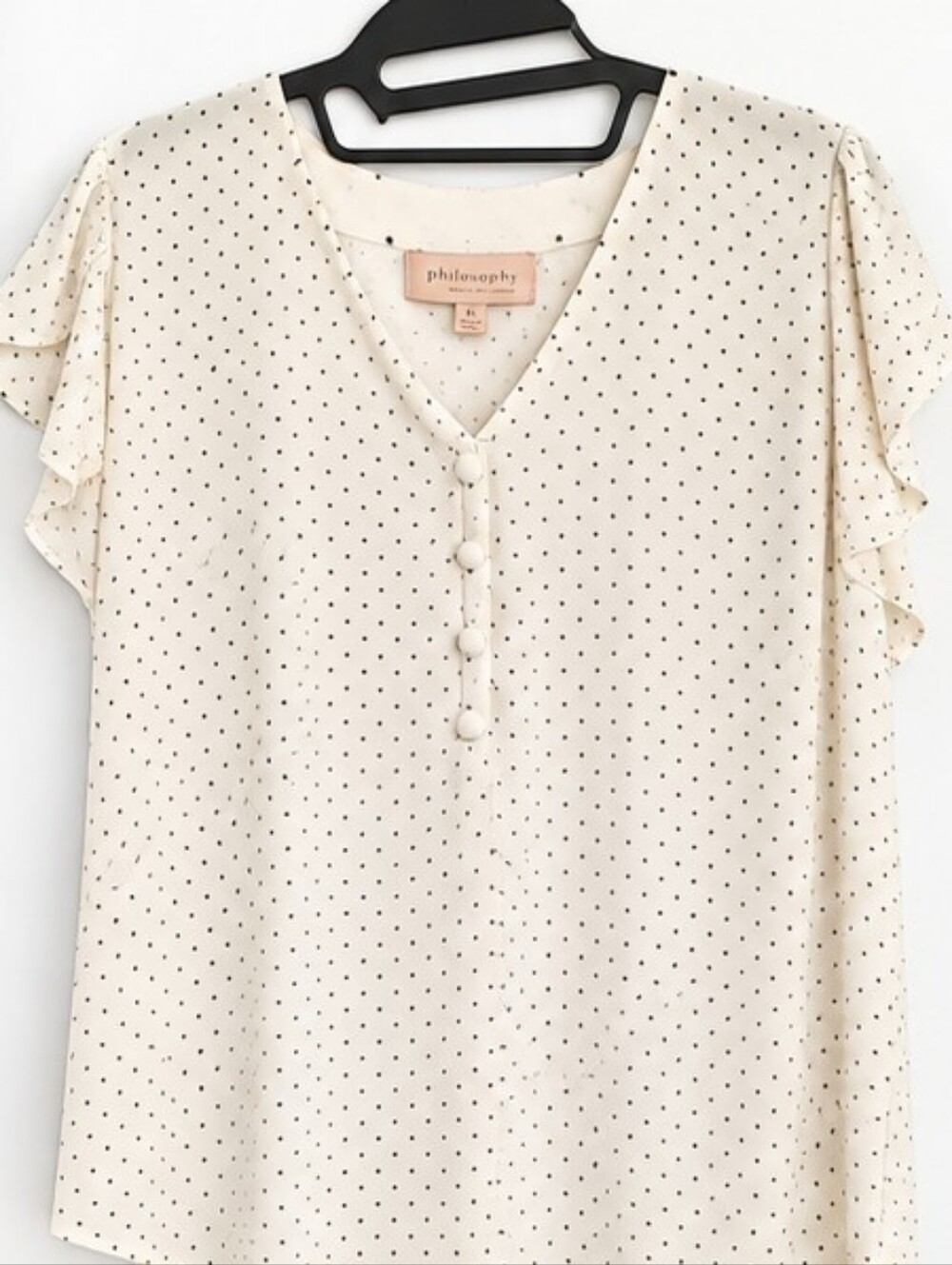 Philosophy White Black Polka Dot Flutter Sleeve Blouse, XL